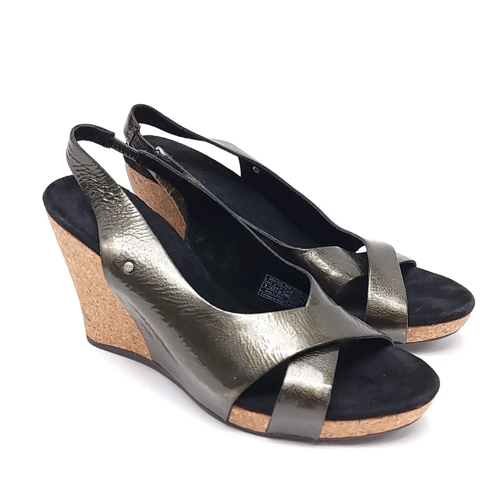 UGG Lucianna Metallic Bronze Leather Cork Wedge‎ Sandals Womens 8